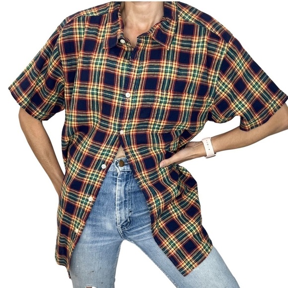 Springfield Tops - Springfield linen blend plaid short sleeve custom fit shirt 2XL